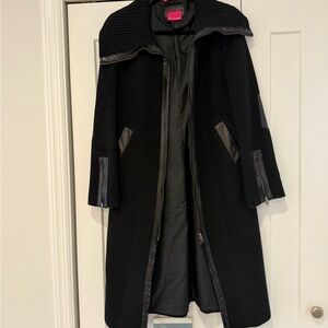 Mackage Black Long Trench Coat with Leather Trim